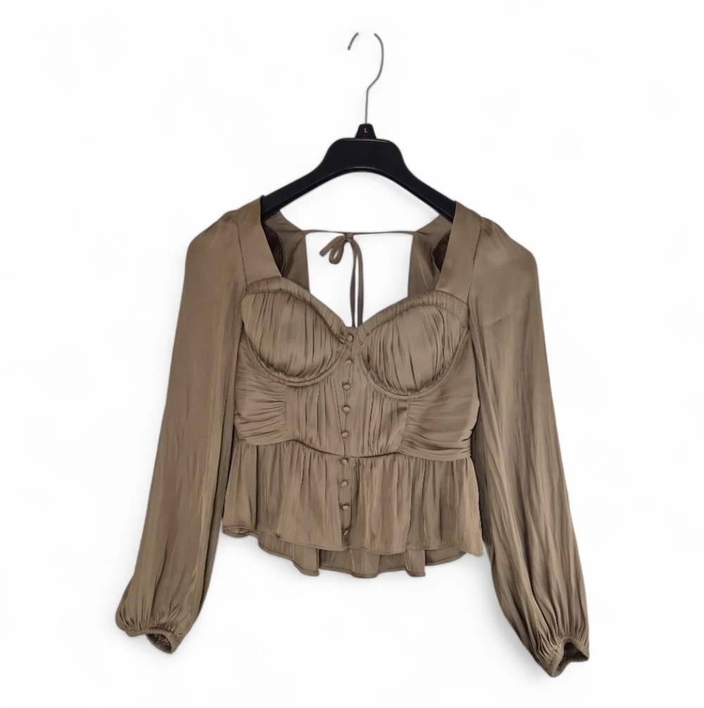 Joie XS Tan Satin Corset Top Puff Sleeve Cutout Tie-Back Romantic Date Night - Picture 11 of 11